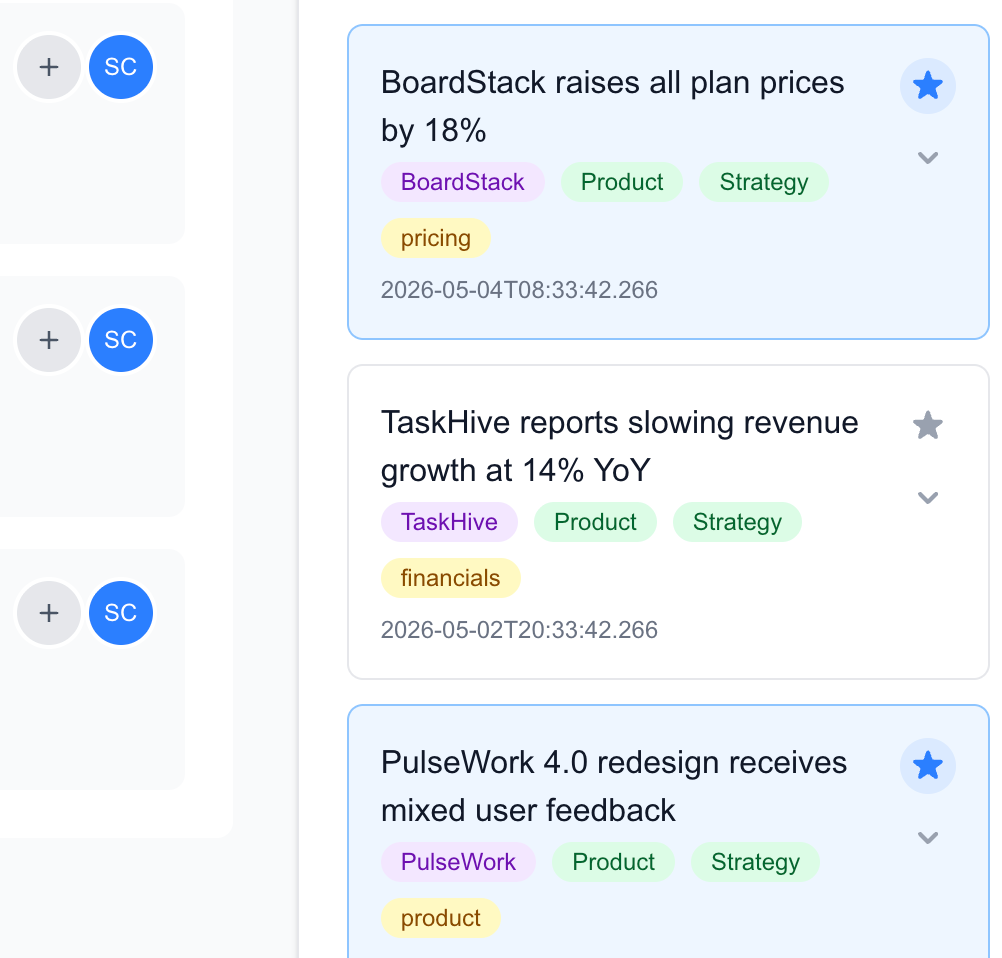 Pro-Position.AI intelligence newsfeed: competitor price increases, revenue signals, and product launches classified and timestamped
