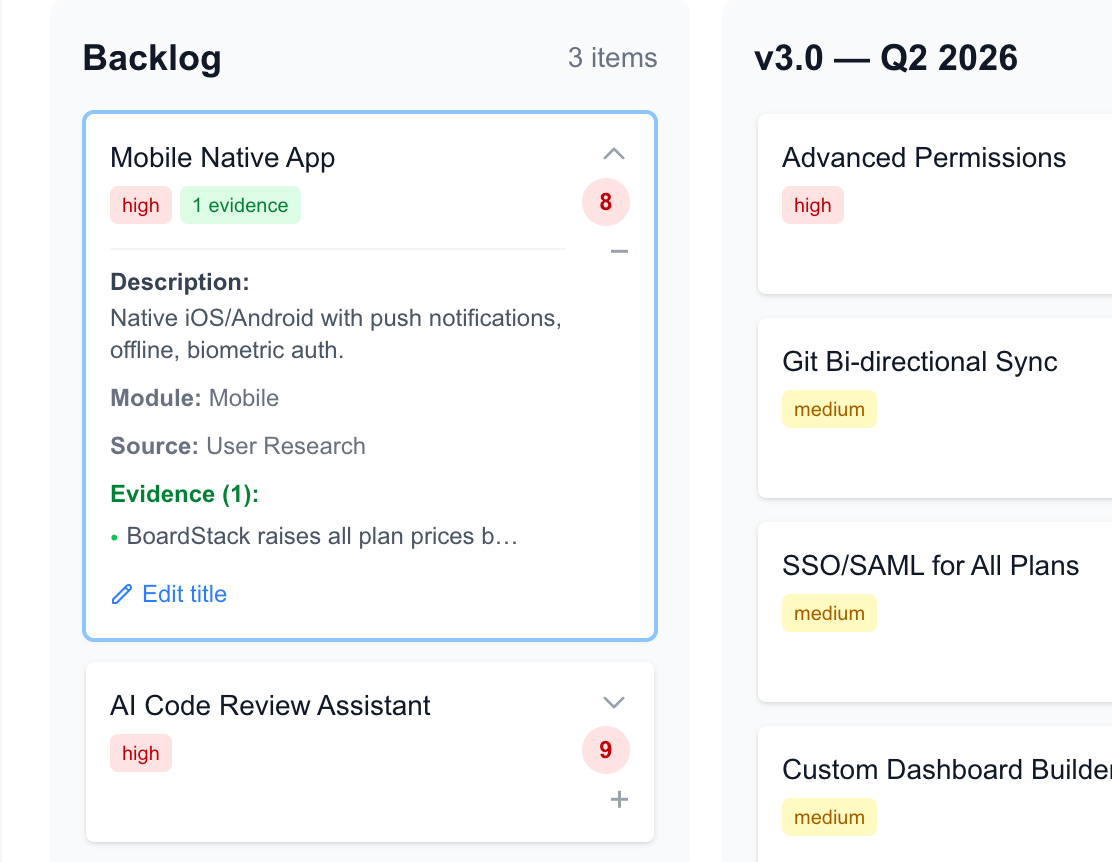 Pro-Position.AI roadmap backlog: a roadmap item with auto-attached intelligence evidence